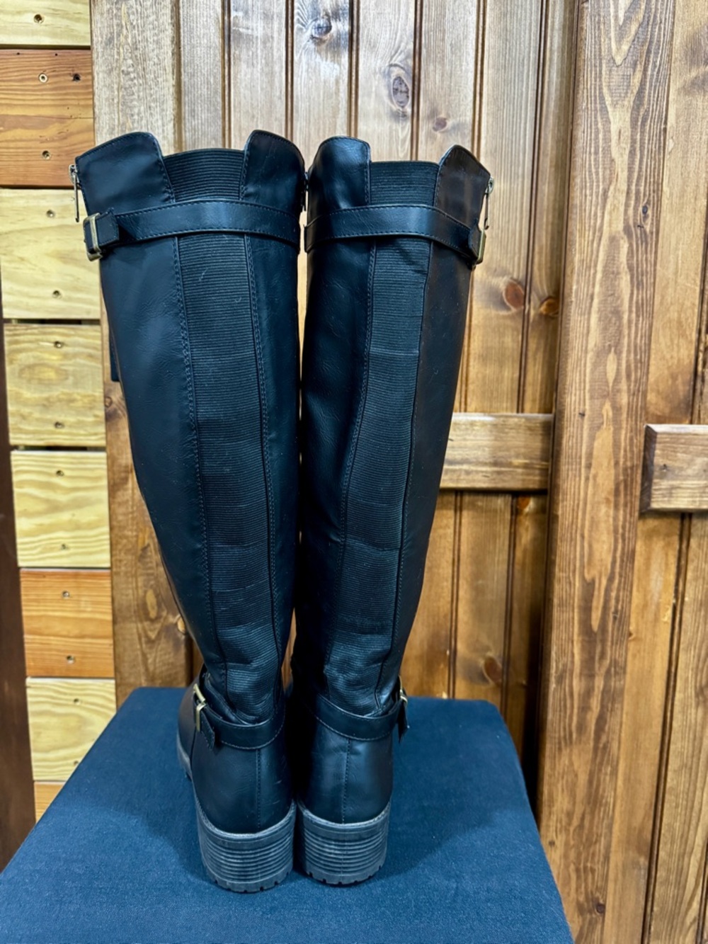 Women's Black Tall Riding Boots with Gold Buckle Detail and side zipper - Picture 3 of 6